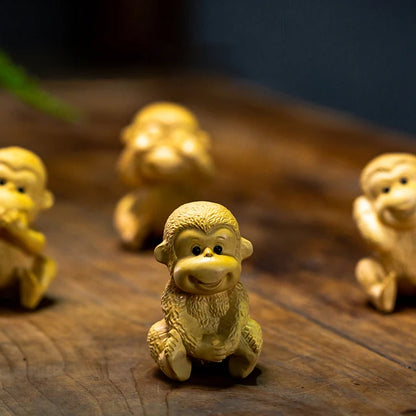 4pcs Boxwood 6cm Little Monkey Sculpture Wood Chinese Zodiac Lucky Statue Mini Animal Home Decor