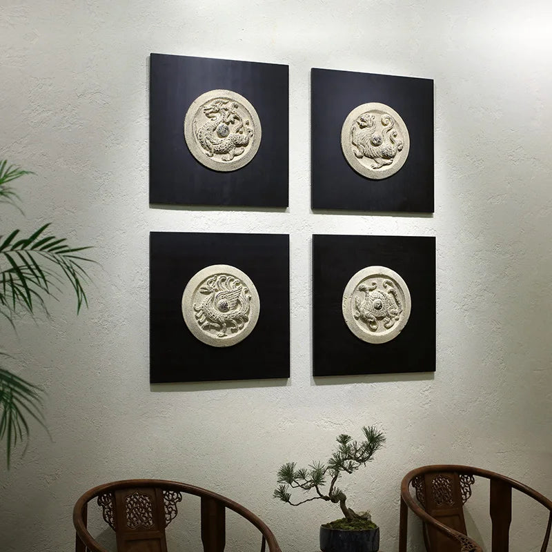 4pcs China Antique Wall mount decoration four god beast azure dragon black tortoise white tiger vermilion bird