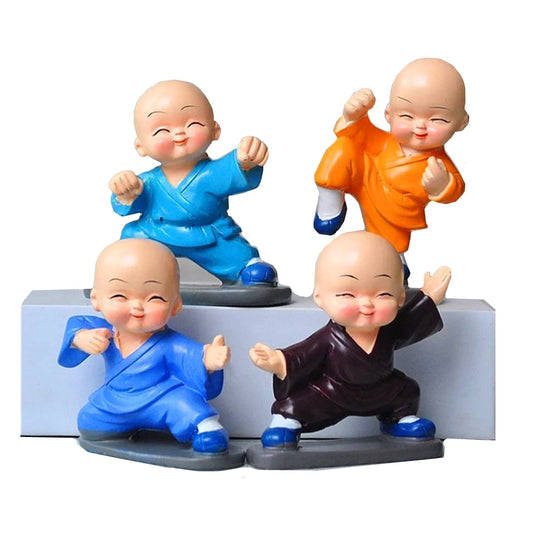 4pcs Cute Little Monks Figurine Sculptures Room/ Car Decor Mascot Kung Fu Baby Buddha Statue Home Decoration Ornaments Gift