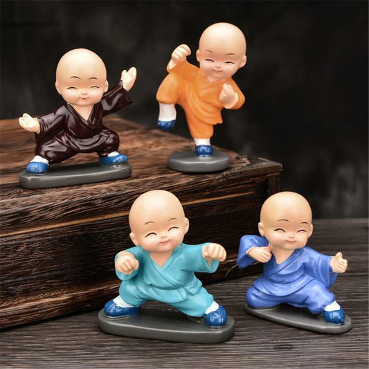4pcs Cute Little Monks Figurine Sculptures Room/ Car Decor Mascot Kung Fu Baby Buddha Statue Home Decoration Ornaments Gift