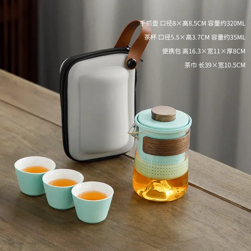 4pcs Light luxury Travel Tea Set Carrying Bag Kung Fu Tea Cup Glass 1 Pot 3 Ceramic Cup Outdoor Teapot Small Set Cup Set