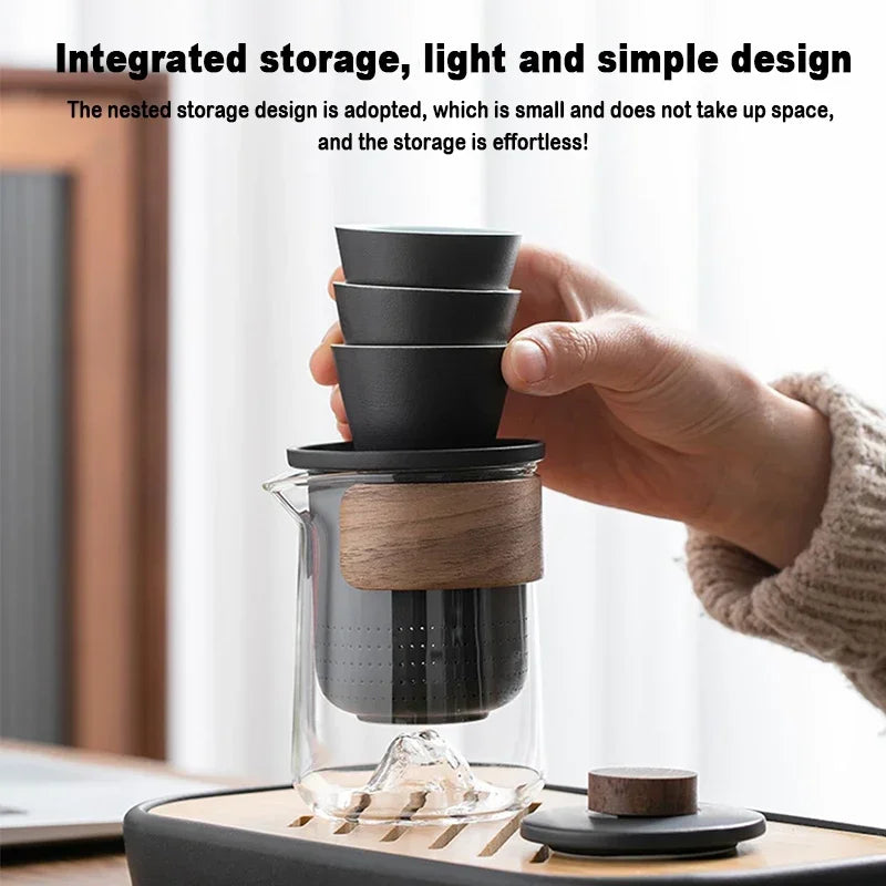 4pcs Light luxury Travel Tea Set Carrying Bag Kung Fu Tea Cup Glass 1 Pot 3 Ceramic Cup Outdoor Teapot Small Set Cup Set