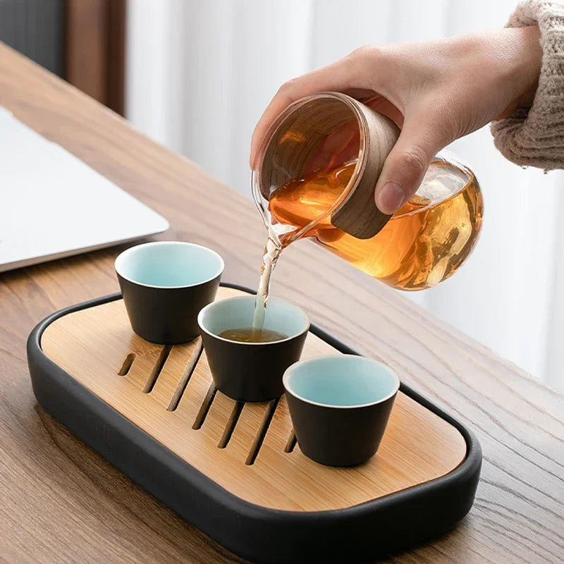 4pcs Light luxury Travel Tea Set Carrying Bag Kung Fu Tea Cup Glass 1 Pot 3 Ceramic Cup Outdoor Teapot Small Set Cup Set