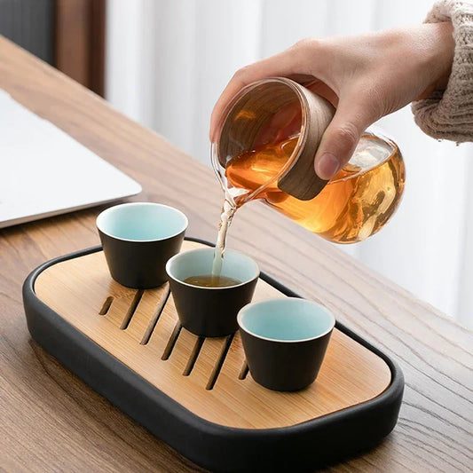 4pcs Light luxury Travel Tea Set Carrying Bag Kung Fu Tea Cup Glass 1 Pot 3 Ceramic Cup Outdoor Teapot Small Set Cup Set