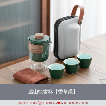 4pcs Light luxury Travel Tea Set Carrying Bag Kung Fu Tea Cup Glass 1 Pot 3 Ceramic Cup Outdoor Teapot Small Set Cup Set