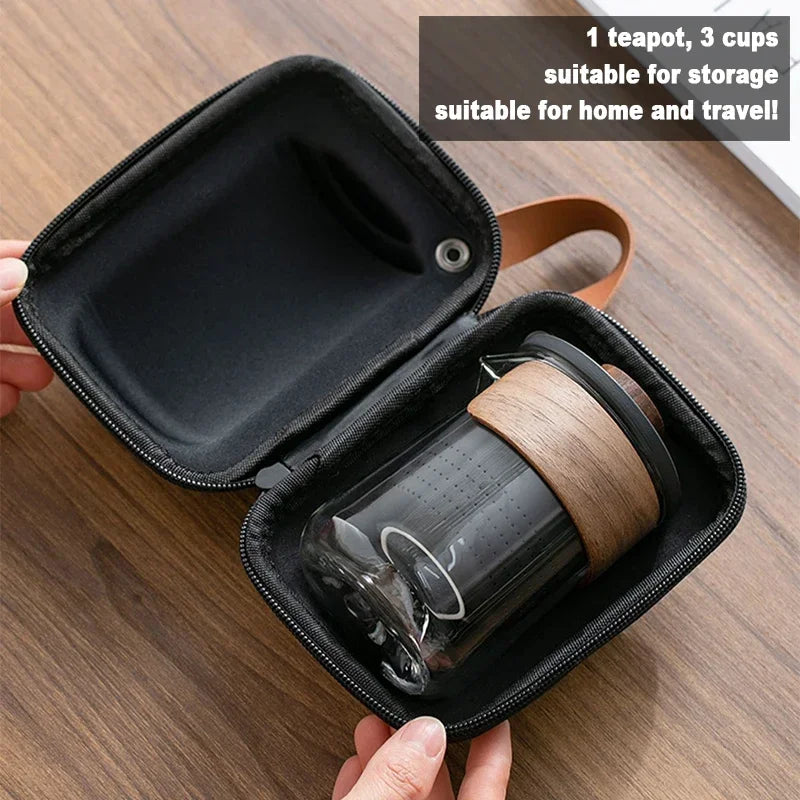 4pcs Light luxury Travel Tea Set Carrying Bag Kung Fu Tea Cup Glass 1 Pot 3 Ceramic Cup Outdoor Teapot Small Set Cup Set