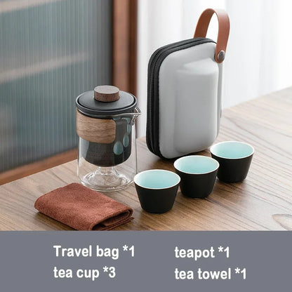 4pcs Light luxury Travel Tea Set Carrying Bag Kung Fu Tea Cup Glass 1 Pot 3 Ceramic Cup Outdoor Teapot Small Set Cup Set