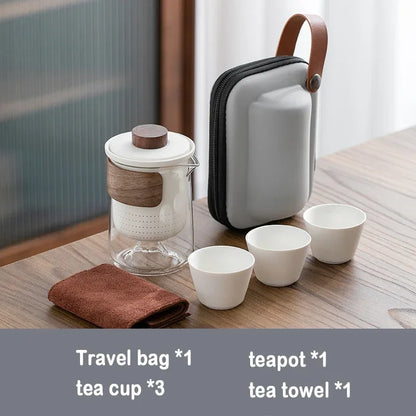 4pcs Light luxury Travel Tea Set Carrying Bag Kung Fu Tea Cup Glass 1 Pot 3 Ceramic Cup Outdoor Teapot Small Set Cup Set