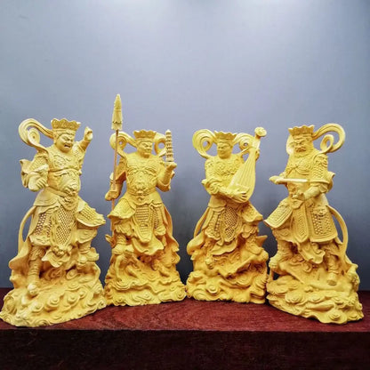 4pcs/set Boxwood Collection Chinese Brass Carvings of the Four Heavenly Kings Buddha Statues Solid Wood Carvings