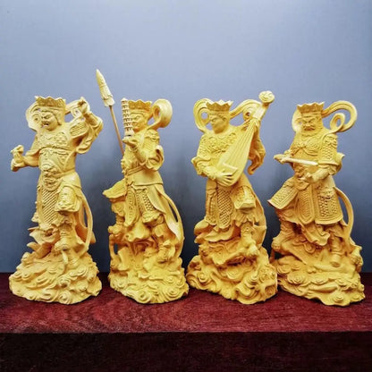 4pcs/set Boxwood Collection Chinese Brass Carvings of the Four Heavenly Kings Buddha Statues Solid Wood Carvings