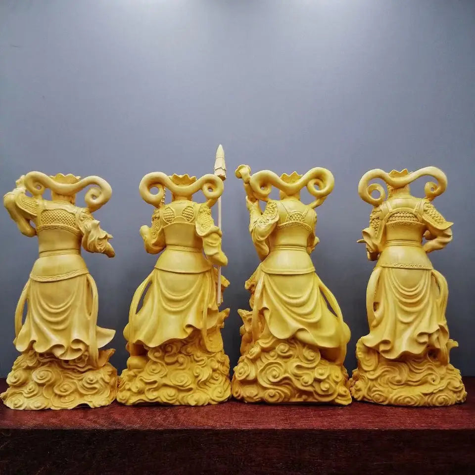 4pcs/set Boxwood Collection Chinese Brass Carvings of the Four Heavenly Kings Buddha Statues Solid Wood Carvings