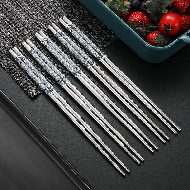 5/1Pairs Blue and White Porcelain Stainless Steel Chopsticks Reusable Flower Printed Chopsticks Stainless Steel Food Chop Stick