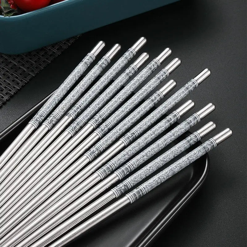 5/1Pairs Blue and White Porcelain Stainless Steel Chopsticks Reusable Flower Printed Chopsticks Stainless Steel Food Chop Stick