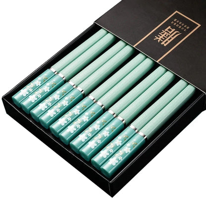 5/1Pairs Blue and White Porcelain Stainless Steel Chopsticks Reusable Flower Printed Chopsticks Stainless Steel Food Chop Stick