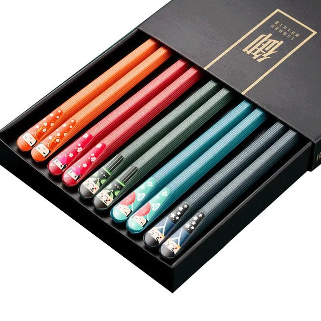 5/1Pairs Blue and White Porcelain Stainless Steel Chopsticks Reusable Flower Printed Chopsticks Stainless Steel Food Chop Stick