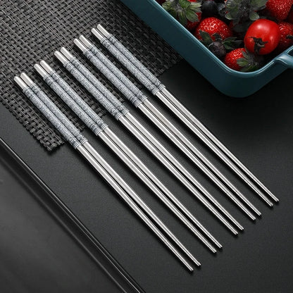 5/1Pairs Blue and White Porcelain Stainless Steel Chopsticks Reusable Flower Printed Chopsticks Stainless Steel Food Chop Stick