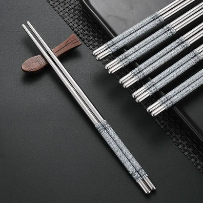 5/1Pairs Blue and White Porcelain Stainless Steel Chopsticks Reusable Flower Printed Chopsticks Stainless Steel Food Chop Stick