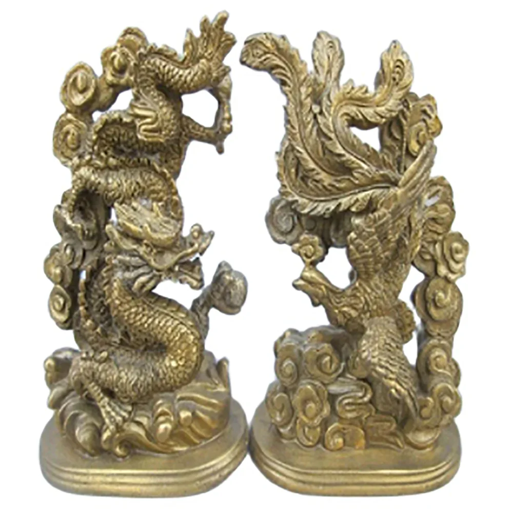 5.51 inch/The ancient Chinese handmade bronze statue of a dragon phoenix mascot metal handicraft