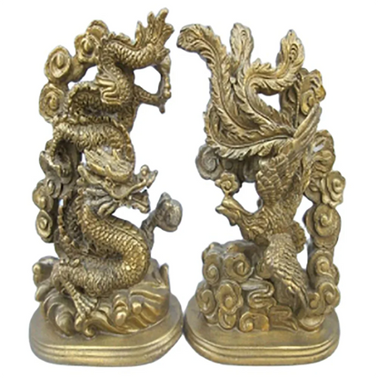 5.51 inch/The ancient Chinese handmade bronze statue of a dragon phoenix mascot metal handicraft
