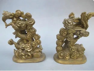 5.51 inch/The ancient Chinese handmade bronze statue of a dragon phoenix mascot metal handicraft