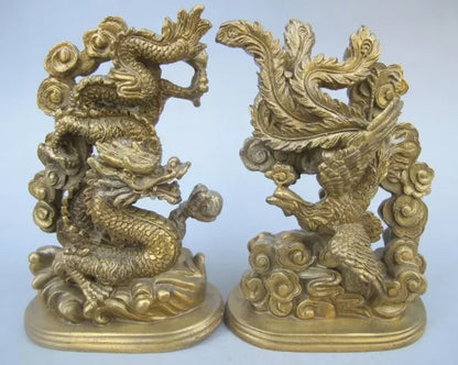 5.51 inch/The ancient Chinese handmade bronze statue of a dragon phoenix mascot metal handicraft