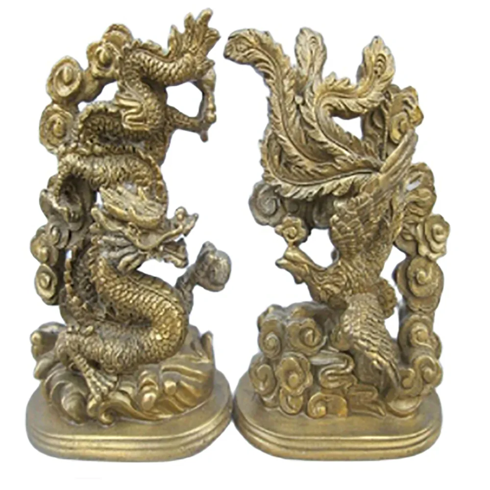 5.51 inch/The ancient Chinese handmade bronze statue of a dragon phoenix mascot metal handicraft