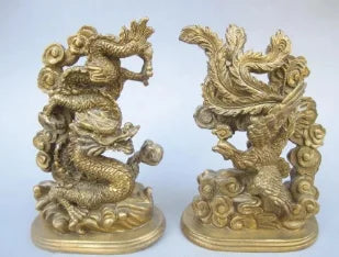 5.51 inch/The ancient Chinese handmade bronze statue of a dragon phoenix mascot metal handicraft