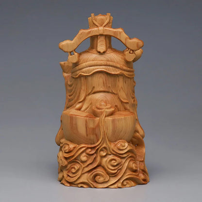 5.5inch Solid Wood Carved Buddha Statue of God of Wealth Modern Art Handmade Lucky Buddha Home Living Room Decoration Statue