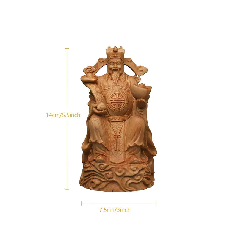 5.5inch Solid Wood Carved Buddha Statue of God of Wealth Modern Art Handmade Lucky Buddha Home Living Room Decoration Statue