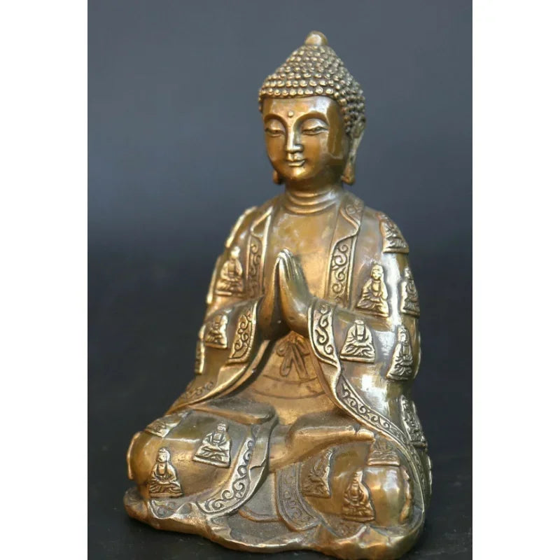 5.7" Chinese Feng Shui Buddhism Bronze Sakyamuni Amitabha Buddha Statue Wealth Statue