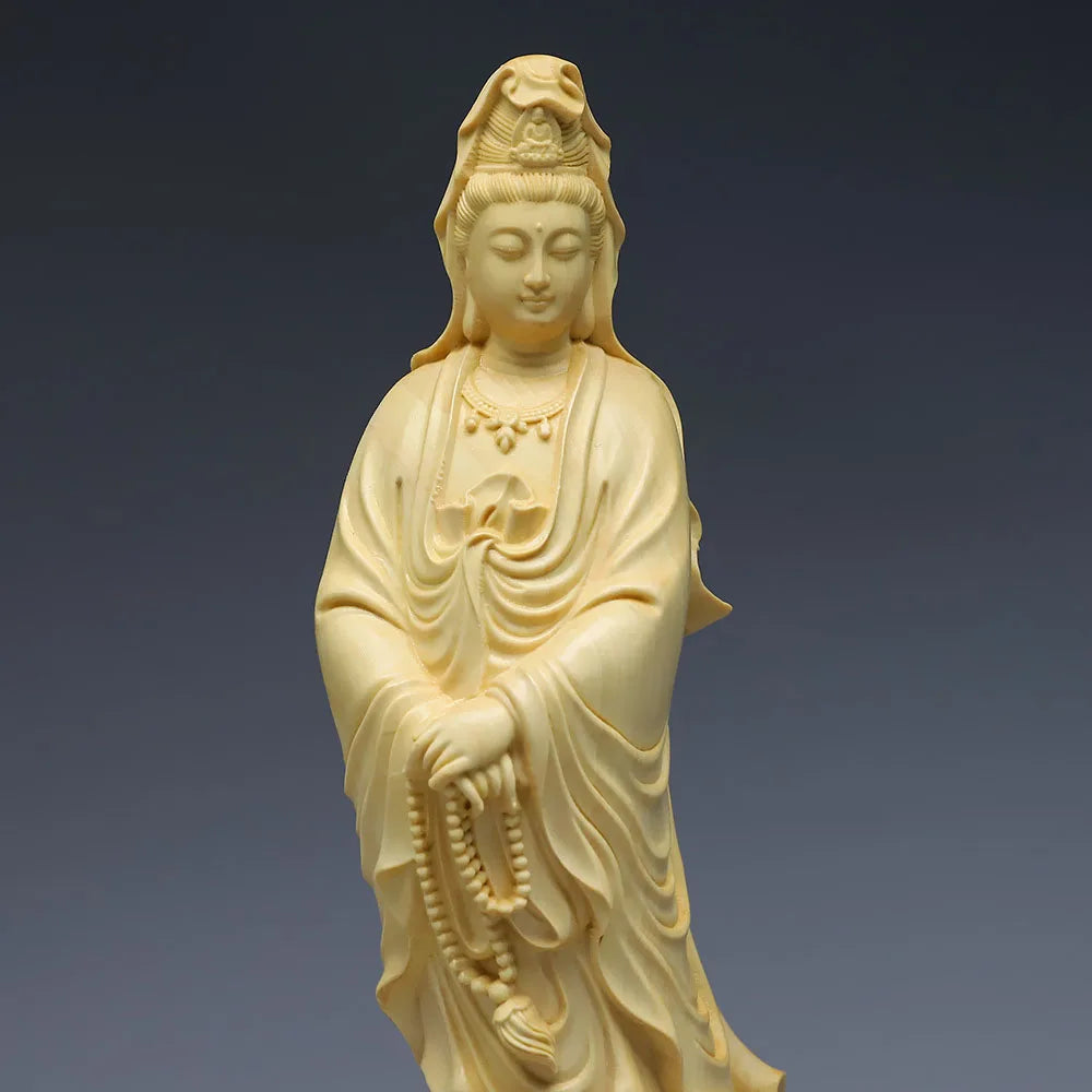 5" Guan Yin Chinese Wood Boxwood Kwan-yin Goddess Avalokiteshvara Buddha Statue Desktop Ornaments Car Ornaments