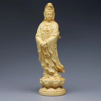 5" Guan Yin Chinese Wood Boxwood Kwan-yin Goddess Avalokiteshvara Buddha Statue Desktop Ornaments Car Ornaments