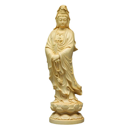 5" Guan Yin Chinese Wood Boxwood Kwan-yin Goddess Avalokiteshvara Buddha Statue Desktop Ornaments Car Ornaments