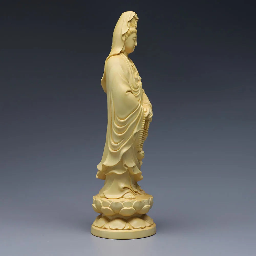 5" Guan Yin Chinese Wood Boxwood Kwan-yin Goddess Avalokiteshvara Buddha Statue Desktop Ornaments Car Ornaments