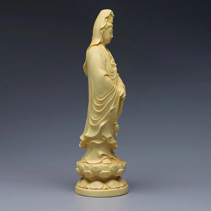 5" Guan Yin Chinese Wood Boxwood Kwan-yin Goddess Avalokiteshvara Buddha Statue Desktop Ornaments Car Ornaments