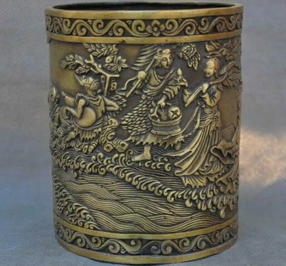 5" Old China Bronze Copper Ancient People Eight Immortals Brush Pot Pencil Vase