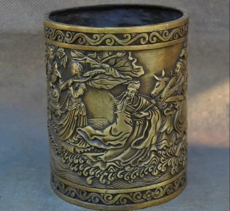 5" Old China Bronze Copper Ancient People Eight Immortals Brush Pot Pencil Vase