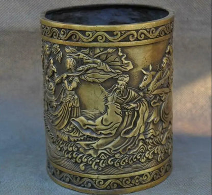 5" Old China Bronze Copper Ancient People Eight Immortals Brush Pot Pencil Vase