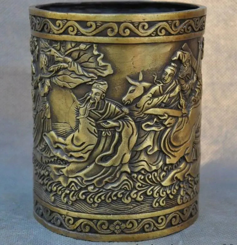 5" Old China Bronze Copper Ancient People Eight Immortals Brush Pot Pencil Vase