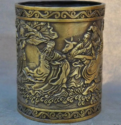 5" Old China Bronze Copper Ancient People Eight Immortals Brush Pot Pencil Vase