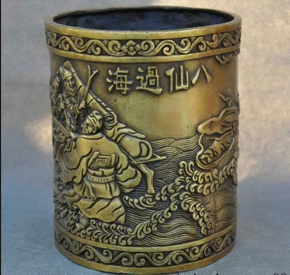 5" Old China Bronze Copper Ancient People Eight Immortals Brush Pot Pencil Vase