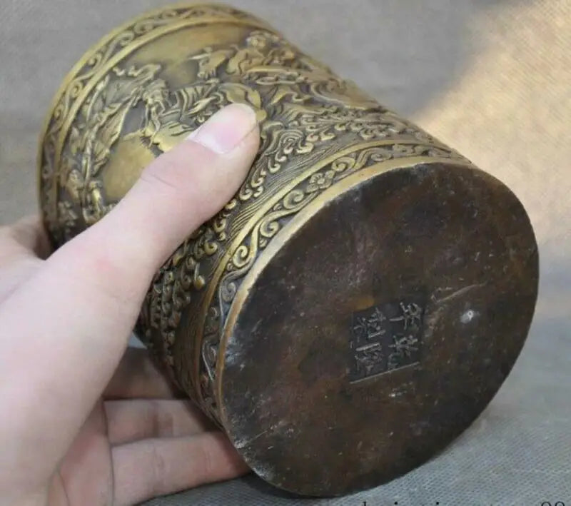 5" Old China Bronze Copper Ancient People Eight Immortals Brush Pot Pencil Vase