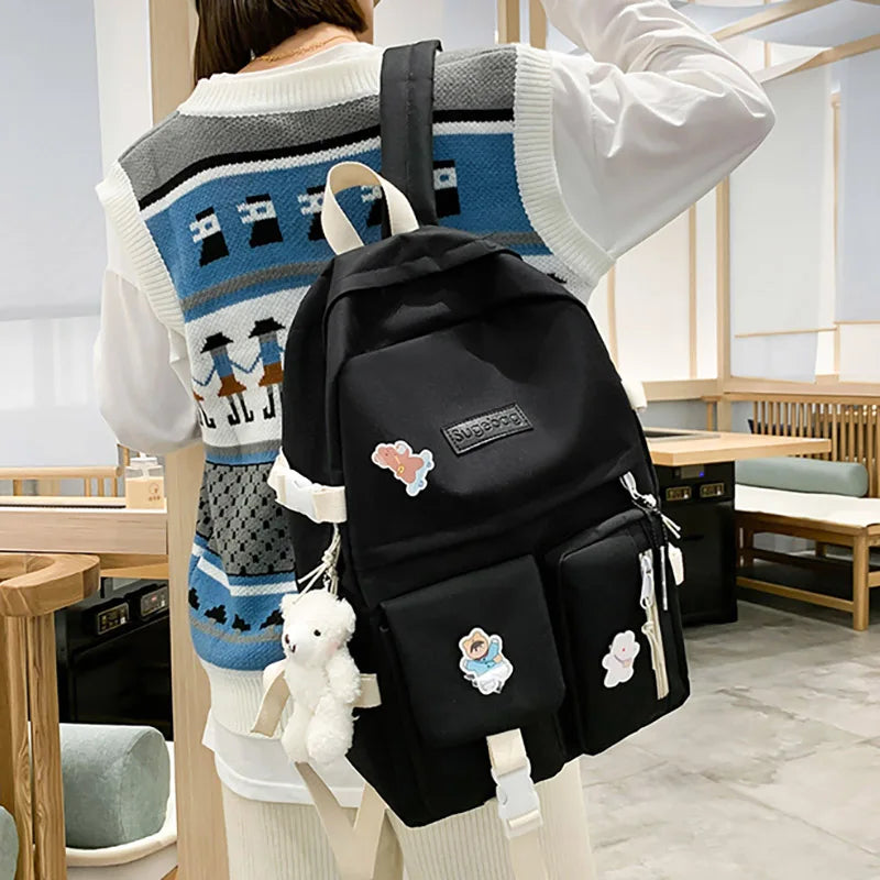 5 Pcs Sets School Bags For Teenager Girls 2021 Kawaii Women Laptop Backpack Shoulder Book Bags Female Travel Bagpack Mochila New