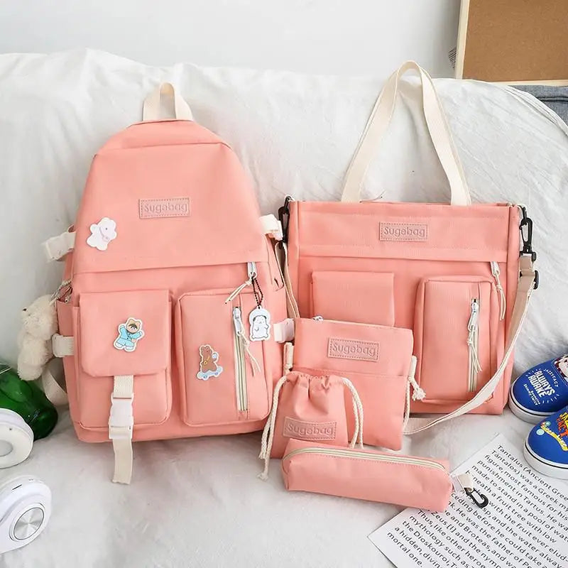 5 Pcs Sets School Bags For Teenager Girls 2021 Kawaii Women Laptop Backpack Shoulder Book Bags Female Travel Bagpack Mochila New