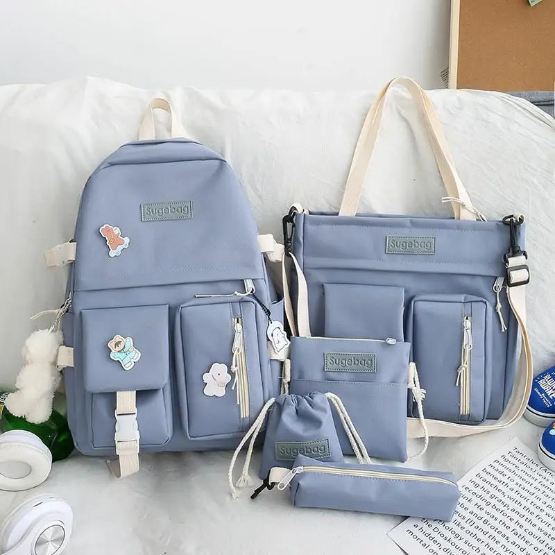 5 Pcs Sets School Bags For Teenager Girls 2021 Kawaii Women Laptop Backpack Shoulder Book Bags Female Travel Bagpack Mochila New