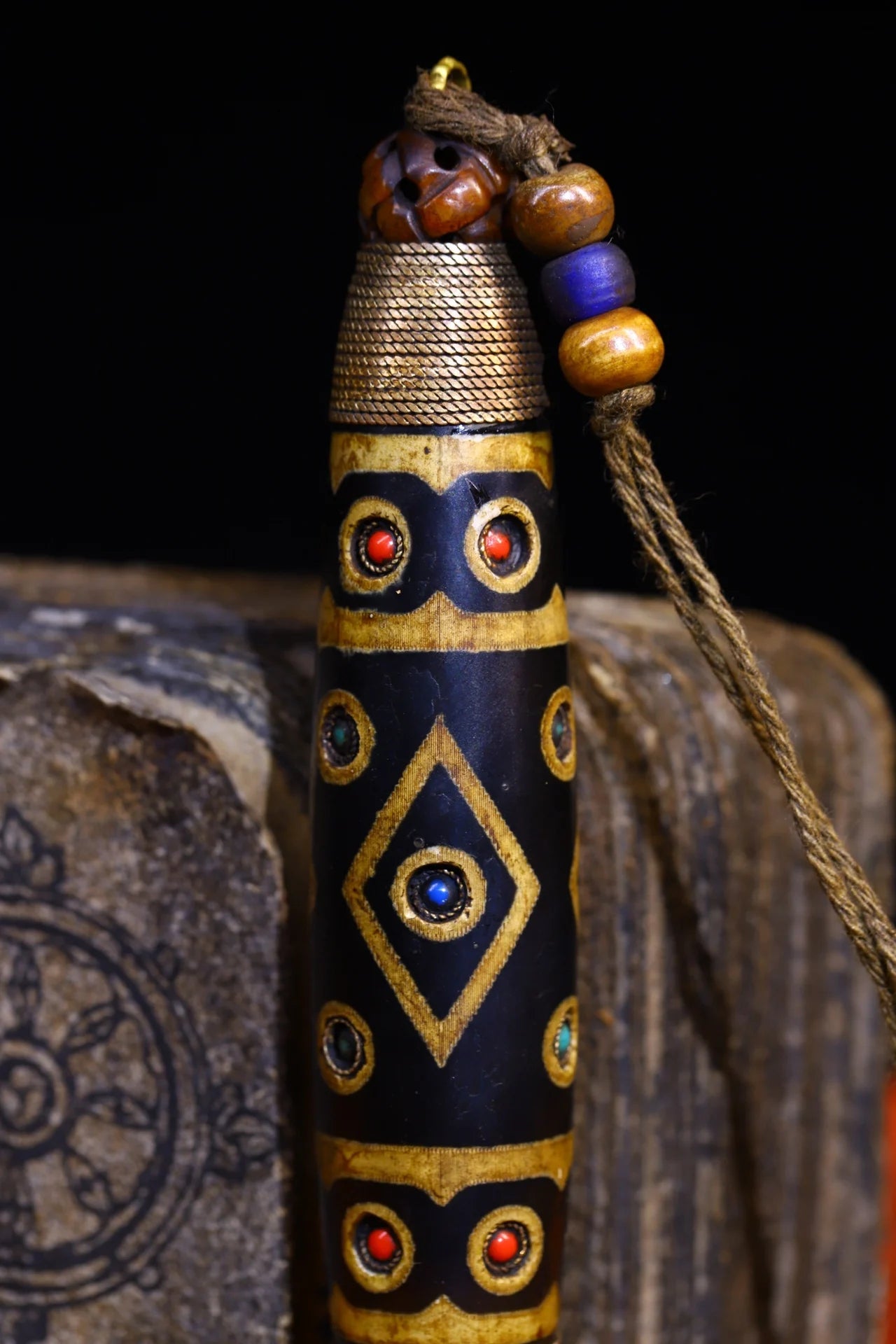 5"Tibet Temple Collection Old Natural Agate mosaic Gem gZi Beads Nine Eyed Buddha Beads Pendant Amulet Dharma Worship Hall