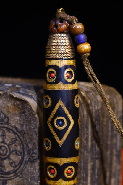 5"Tibet Temple Collection Old Natural Agate mosaic Gem gZi Beads Nine Eyed Buddha Beads Pendant Amulet Dharma Worship Hall