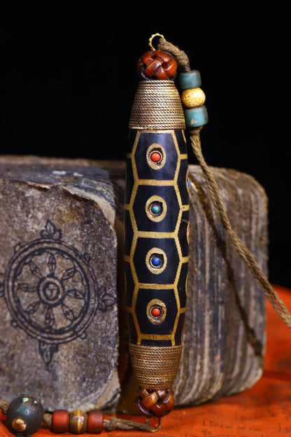 5"Tibet Temple Collection Old Natural Agate mosaic Gem gZi Beads Nine Eyed Buddha Beads Pendant Amulet Dharma Worship Hall
