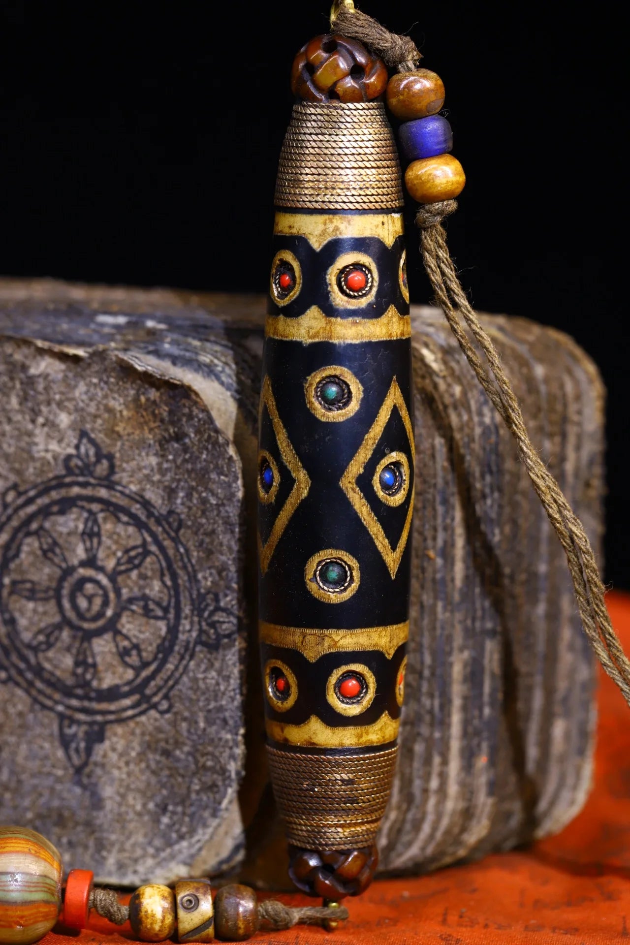 5"Tibet Temple Collection Old Natural Agate mosaic Gem gZi Beads Nine Eyed Buddha Beads Pendant Amulet Dharma Worship Hall