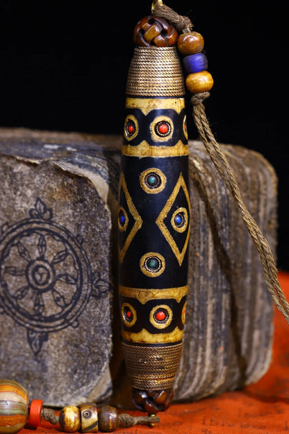 5"Tibet Temple Collection Old Natural Agate mosaic Gem gZi Beads Nine Eyed Buddha Beads Pendant Amulet Dharma Worship Hall